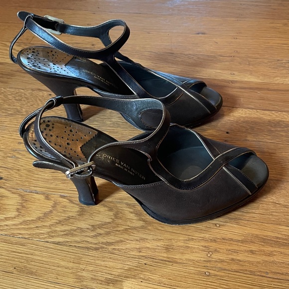 Dries Van Noten brown leather sandals with gold trim